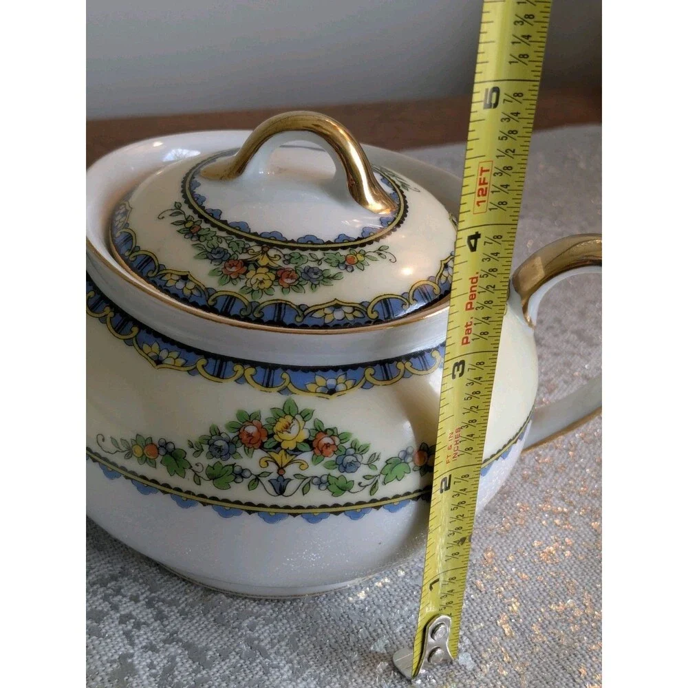 Noritake Avril China Creamer & Sugar w Lid 1918-1931 Floral Gold Blue Antique